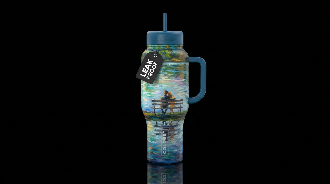 Lake with reflections,  bench with couple sitting ... water bottle design