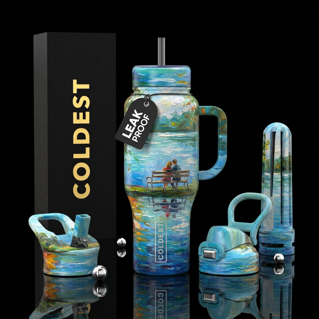 Lake with reflections,  bench with couple sitting ... water bottle design