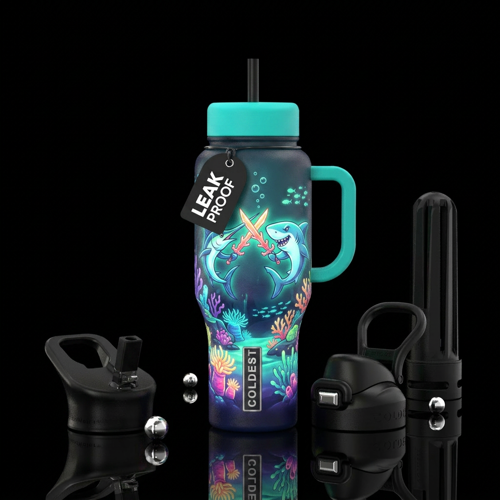 Swordfish shark , having a sword fight., glowie, c... water bottle design