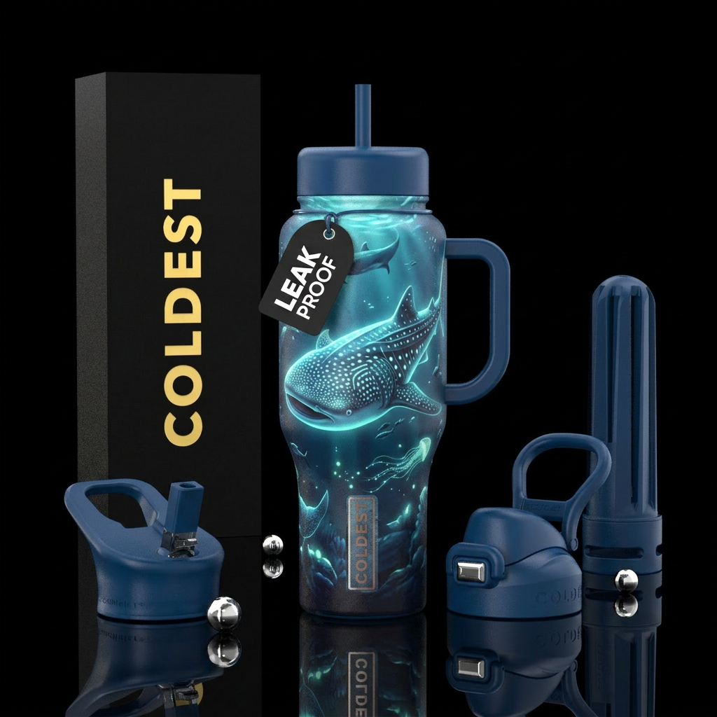 Blue whale shark, ocean,  twilight, glowie water bottle design