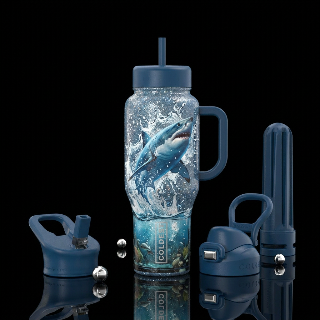 Shark jumping out of a tank, sparkly, with water s... water bottle design