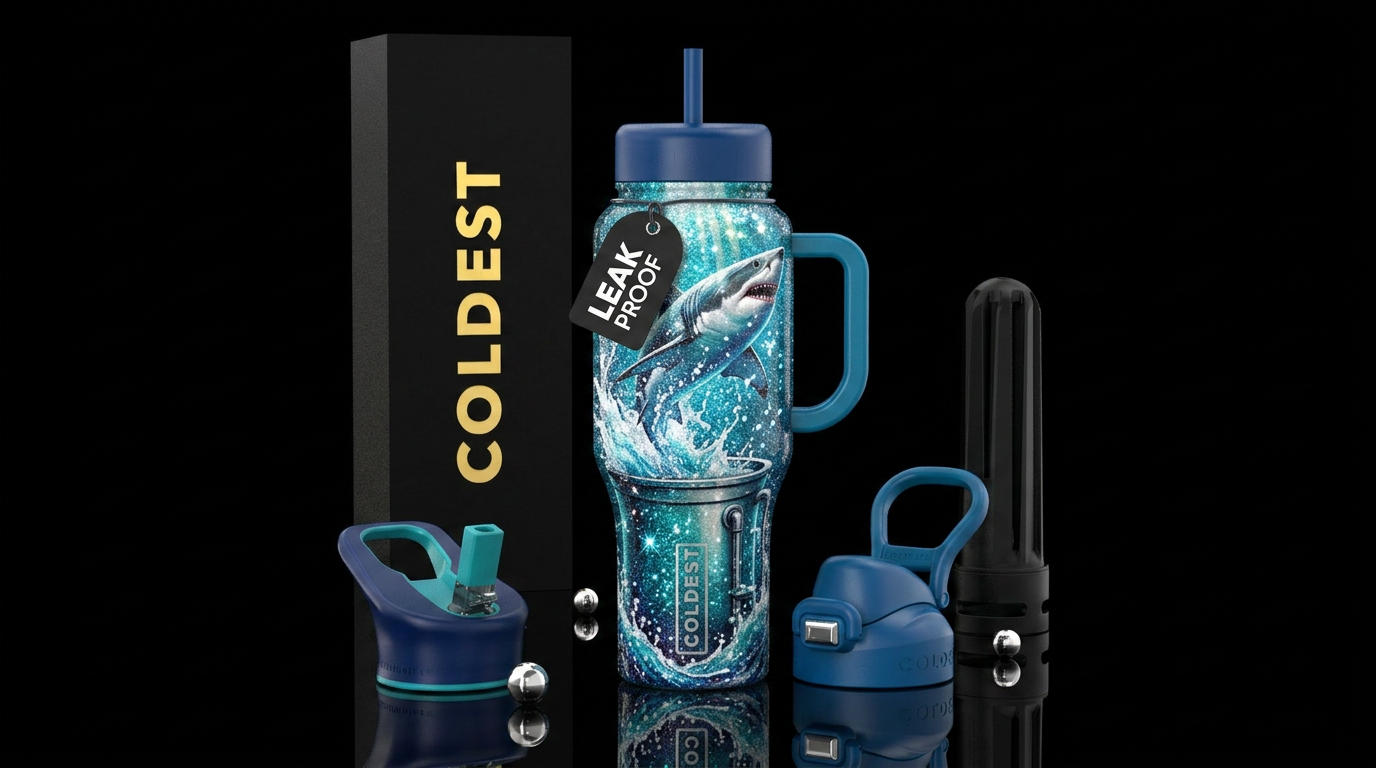 Shark jumping out of a tank, sparkly, with water s... water bottle design