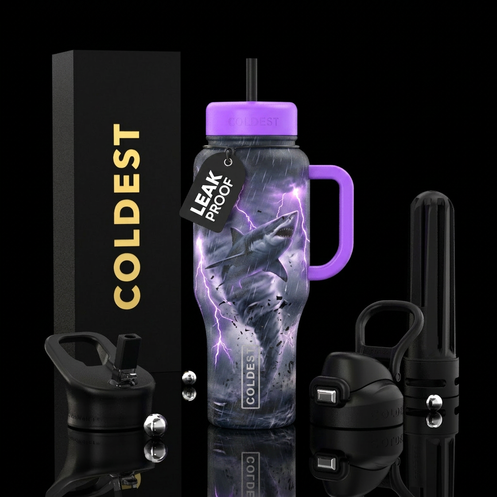 A shark and a tornado , rain storm, lightning that... water bottle design
