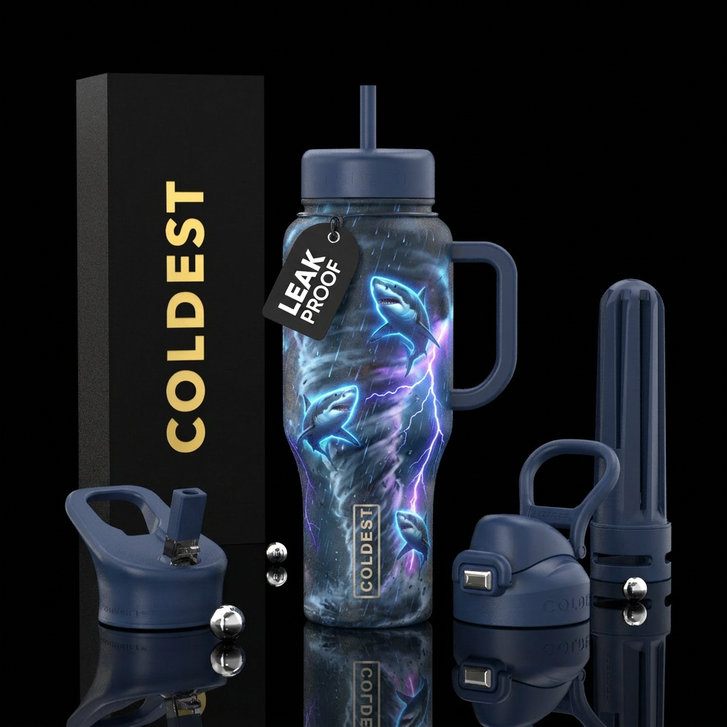 A shark and a tornado , rain storm, lightning that... water bottle design
