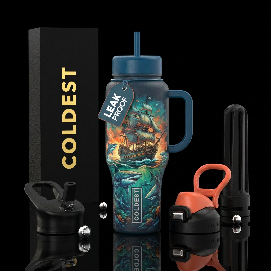 Ship, with sharks circling around it , enchanted water bottle design
