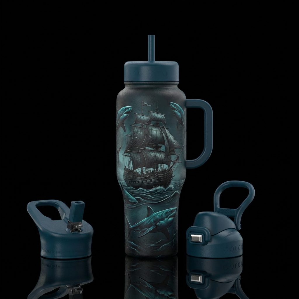 Ship, with sharks circling around it , enchanted water bottle design