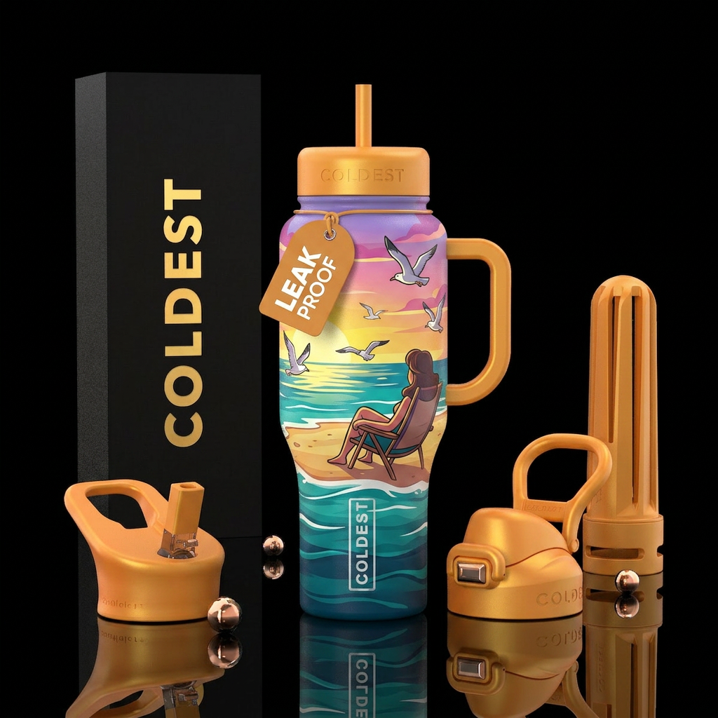 Ocean,  Beach,  lady sitting in a beach chair over... water bottle design