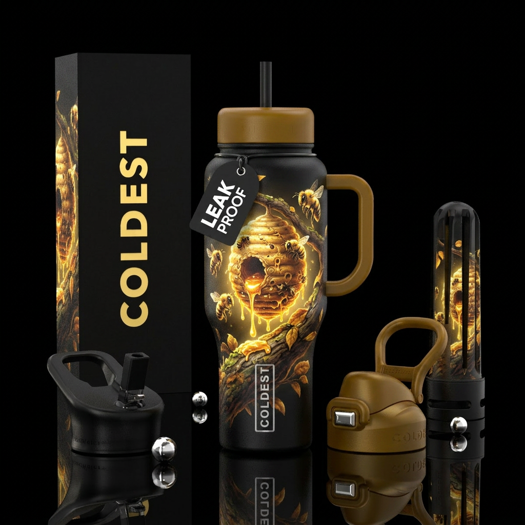 Beehive on a tree breach, with honey dripping and ... water bottle design