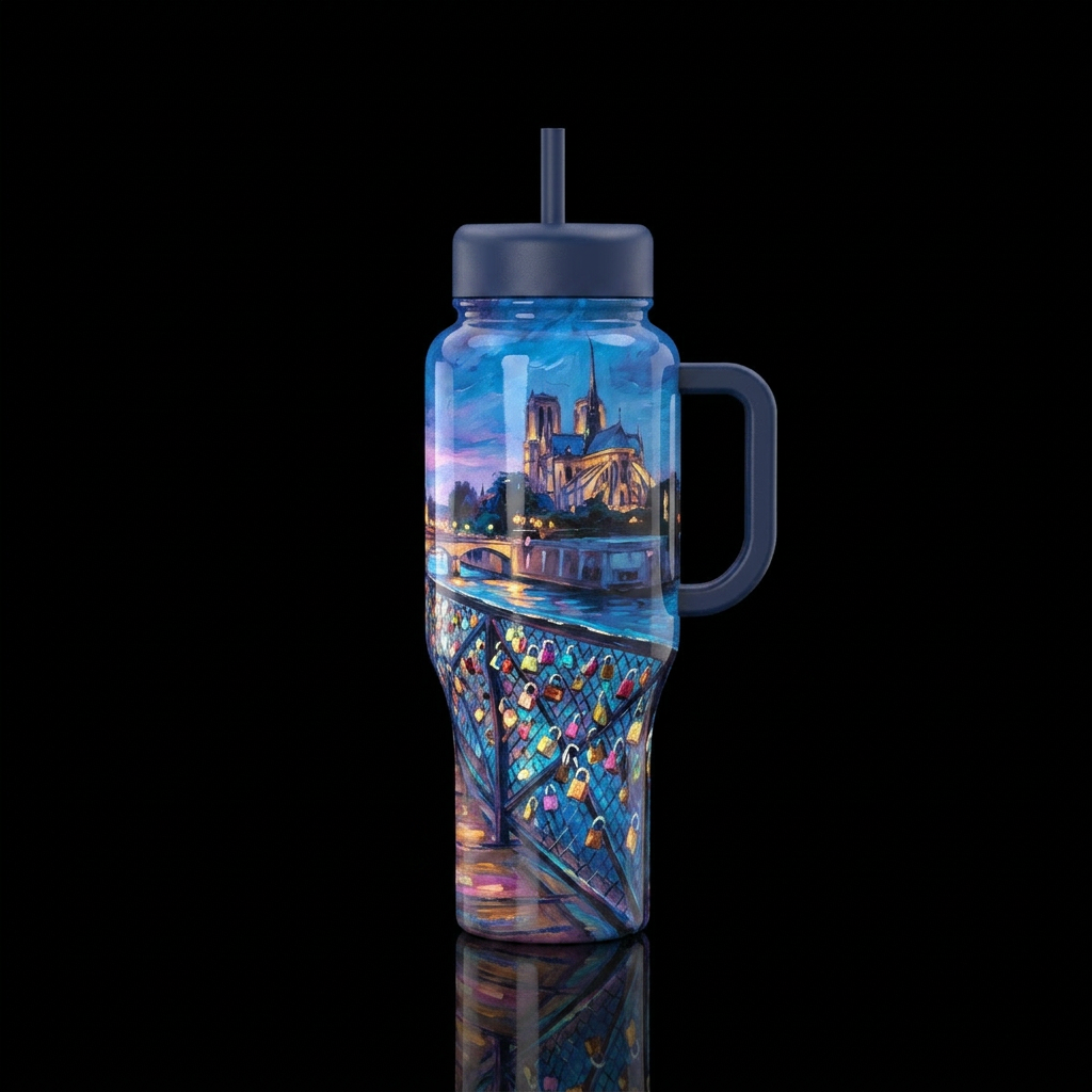Love lock bridge in Paris at twilight,  glowie,, o... water bottle design