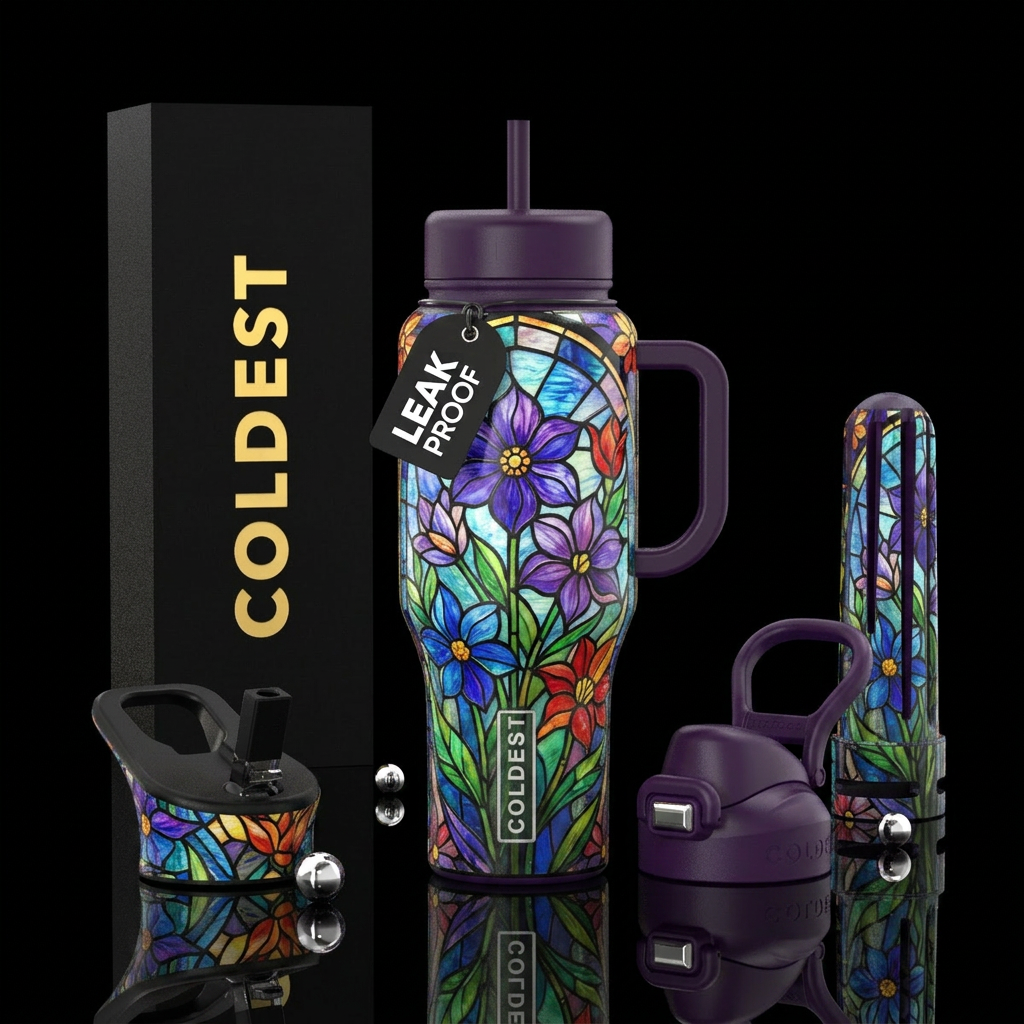 Flowers,  stain glass,, abstract water bottle design