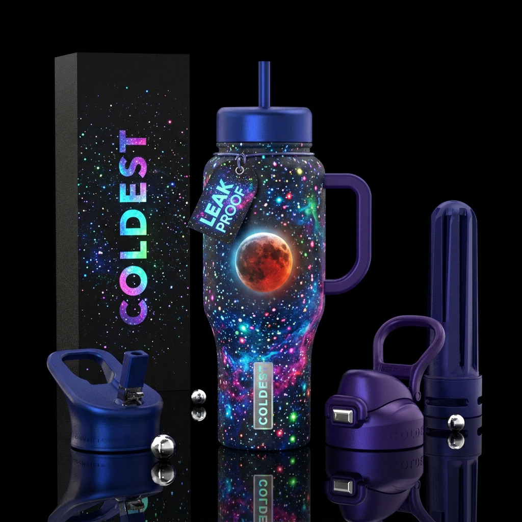 Lunar eclipse, glowie,  stars background,, water bottle design