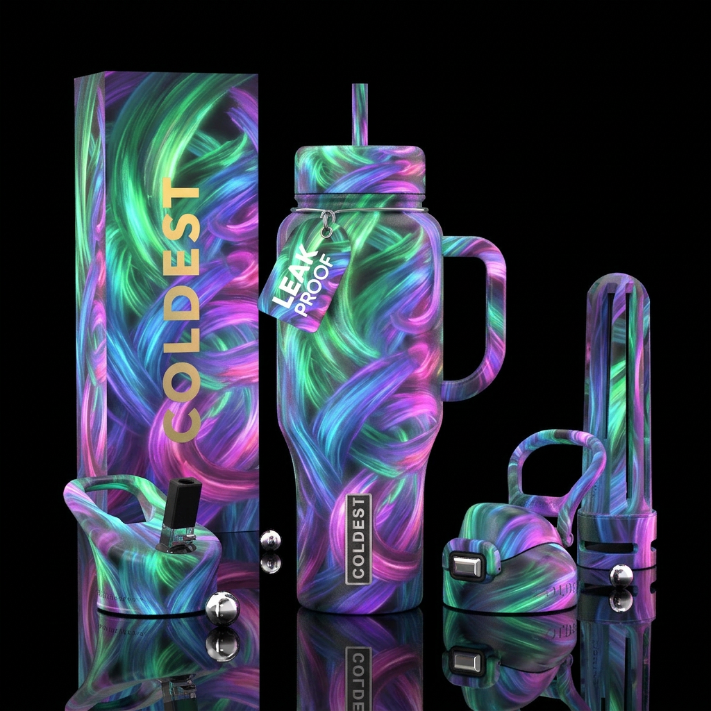 brush stroke, glowie, whimsical, beautiul, fantasy water bottle design