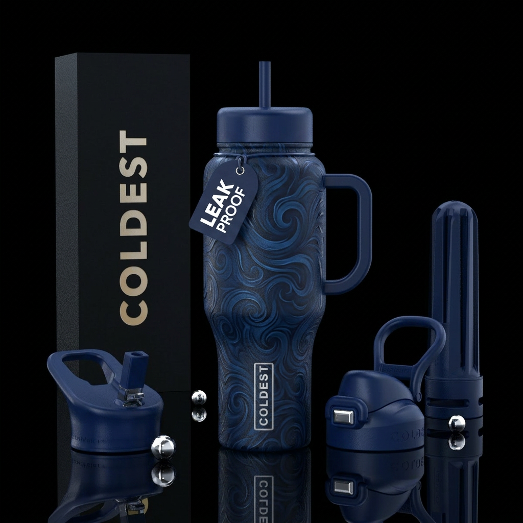 midnight blue enchanted, swirls water bottle design