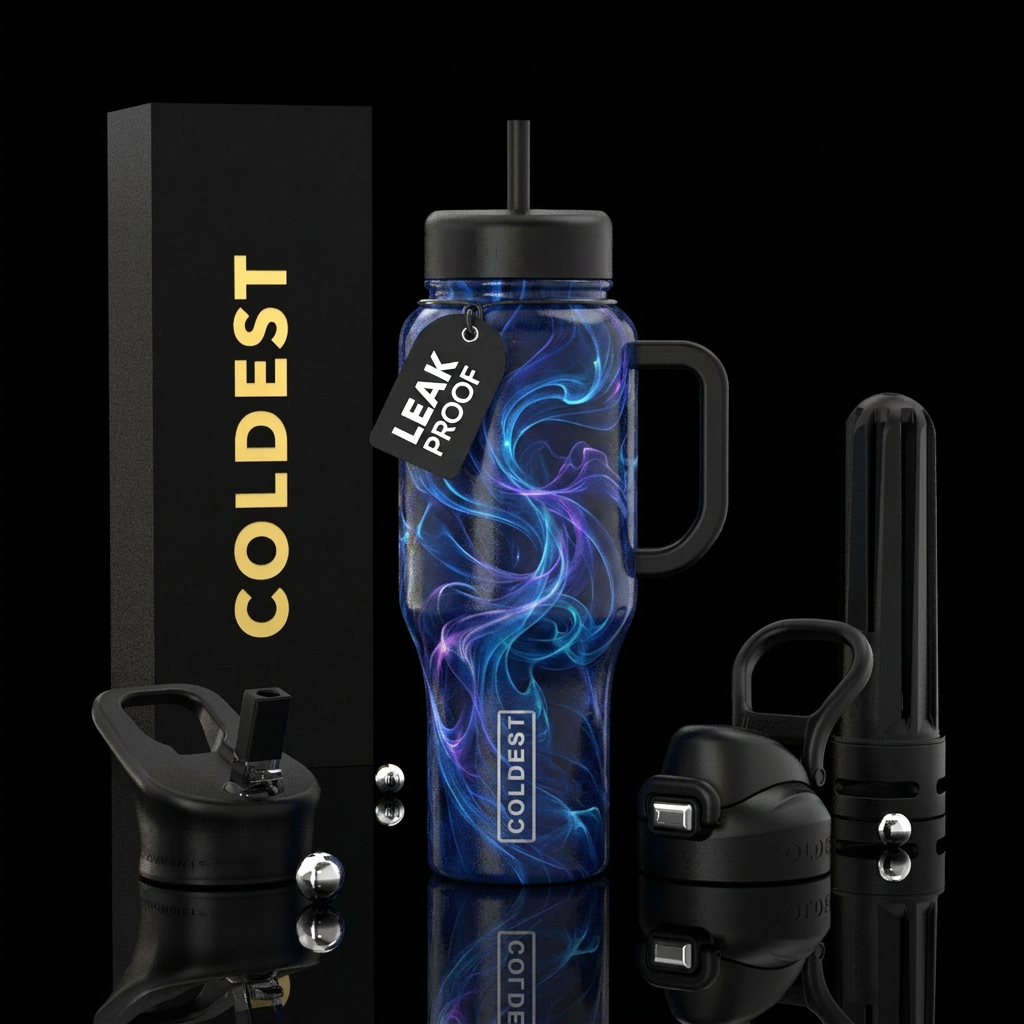 midnight blue enchanted, swirls water bottle design