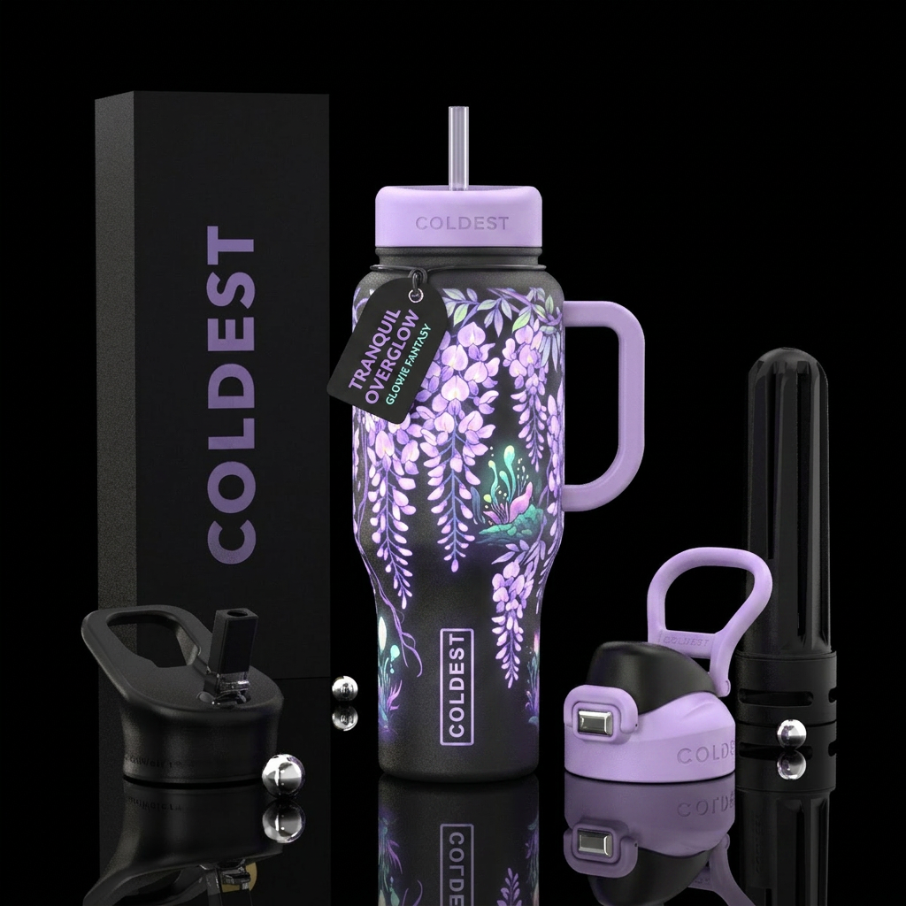 tranquil, wisteria, glowie, fantasy water bottle design