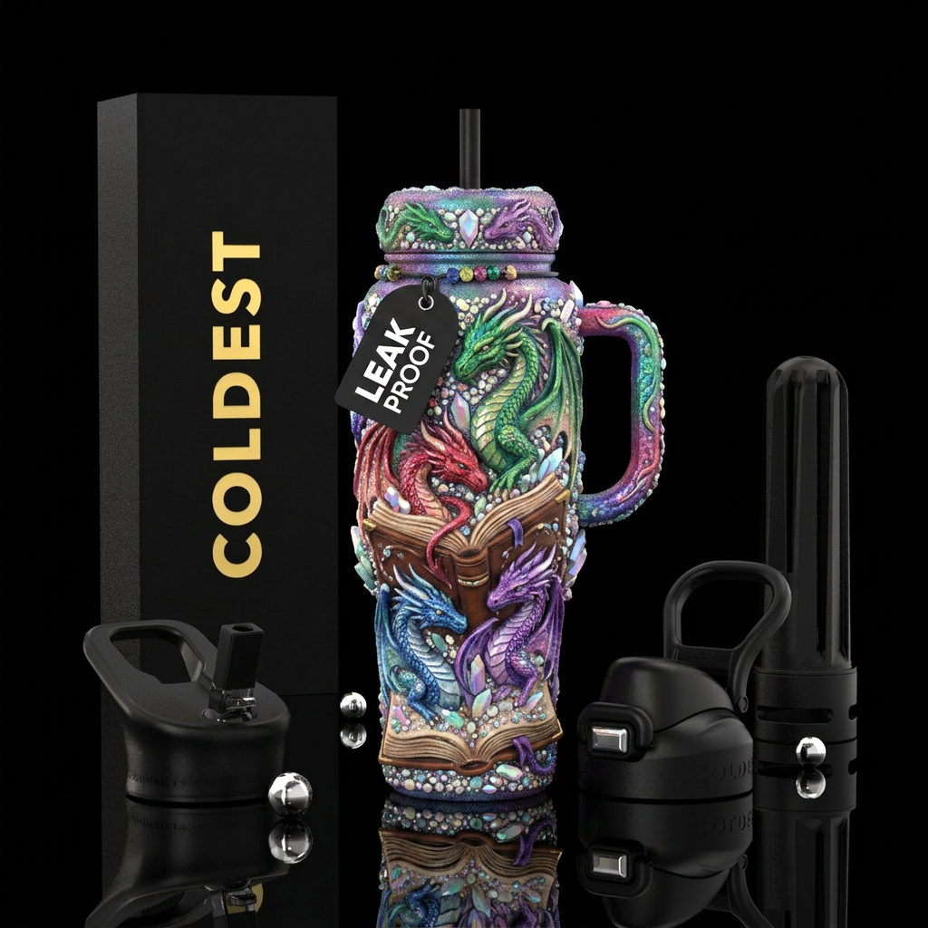 Dragons coming out of a book., fantasy, beautiul,,... water bottle design
