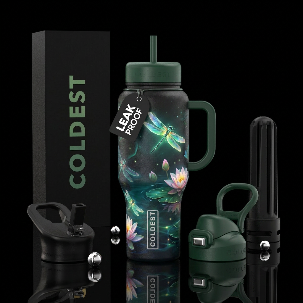lotus, glowie, pond  dragonflies water bottle design