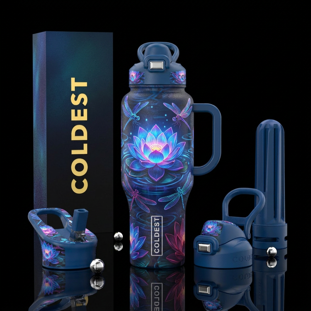 lotus, glowie, pond  dragonflies water bottle design