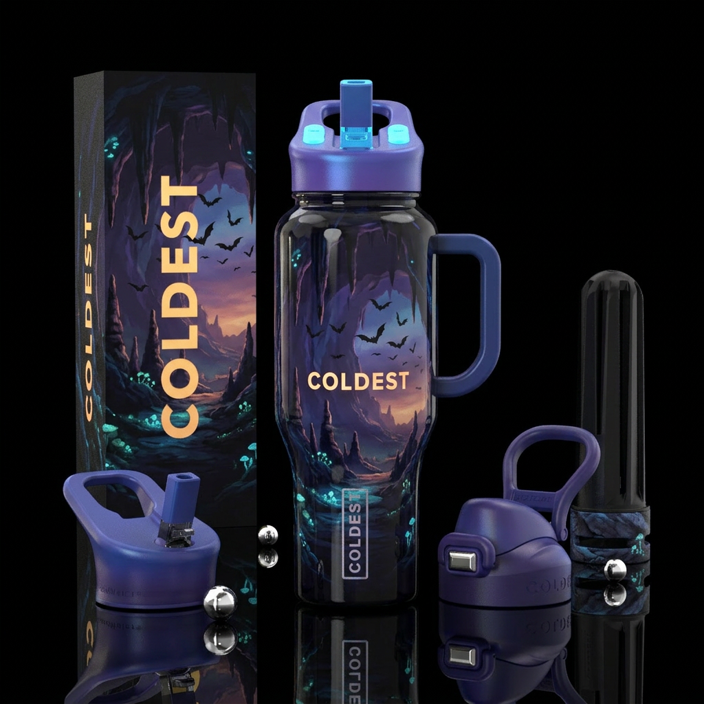 Cave, bats, twilight,  glowie water bottle design