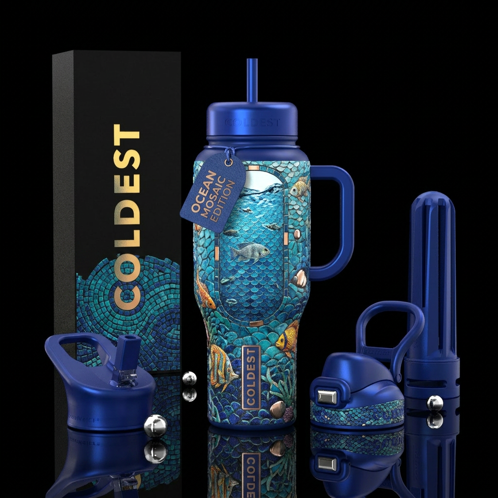 Ocean, fish, mosaic,  beautiul water bottle design