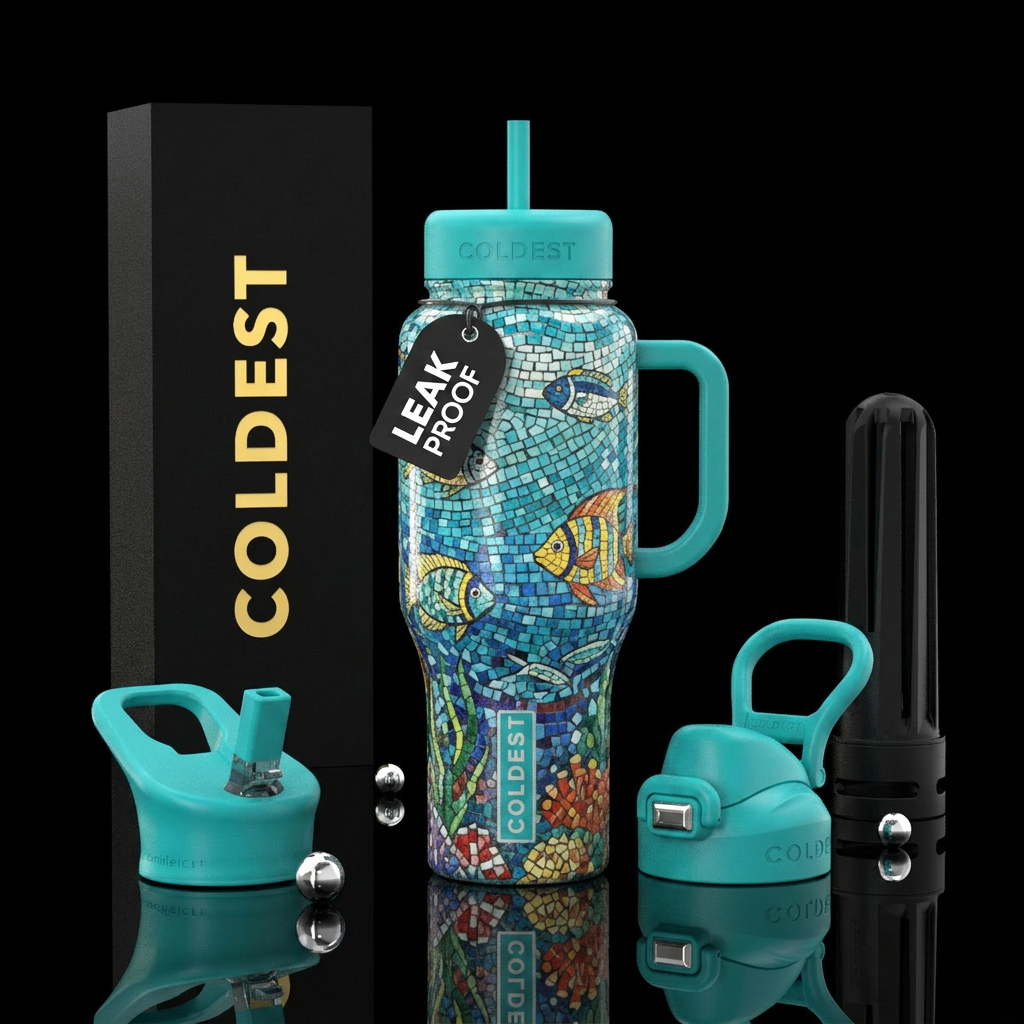Ocean, fish, mosaic,  beautiul water bottle design