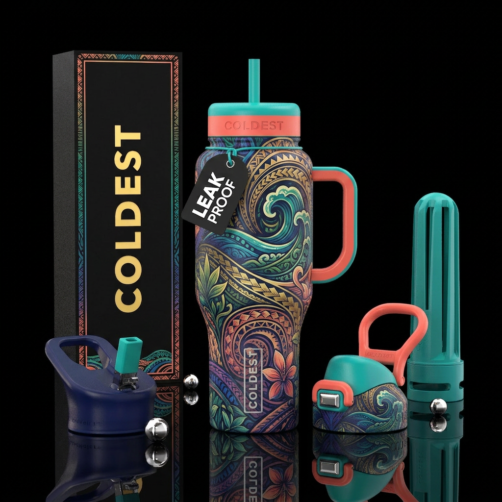 polynesian, elegant, vibrant water bottle design