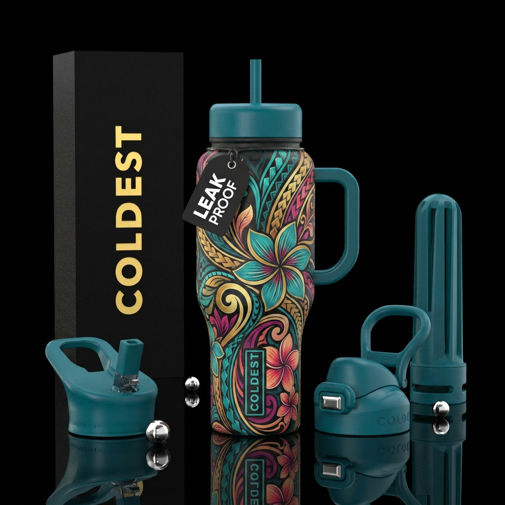 polynesian, elegant, vibrant water bottle design