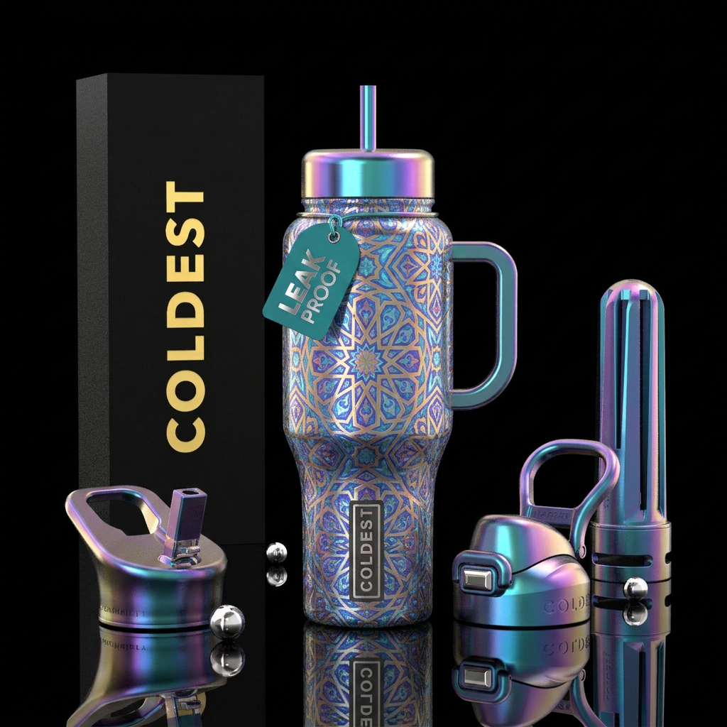 holographic, whimsical, moroccan, beautiul water bottle design