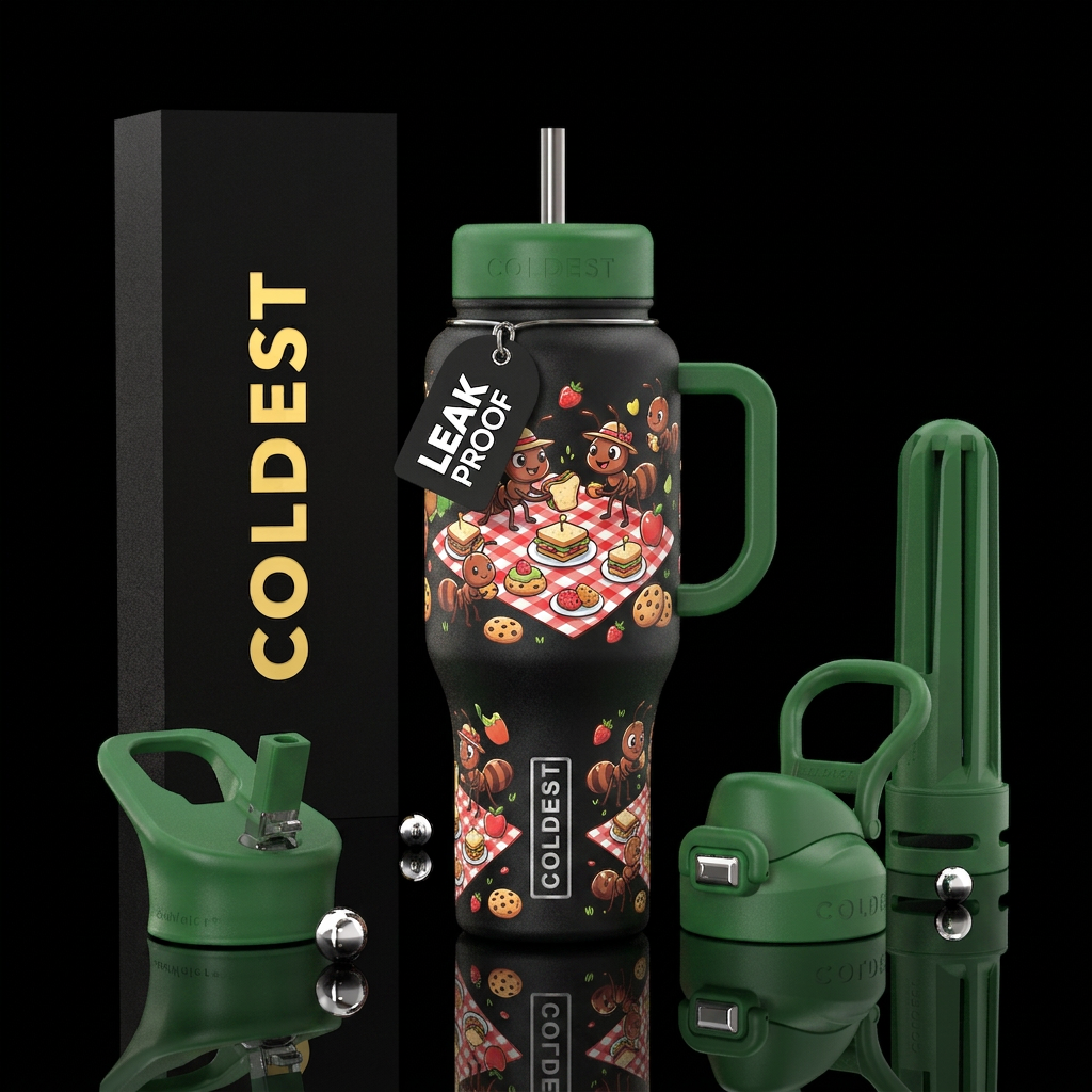 Picnic table,  food,  happy cute ants eating  , su... water bottle design