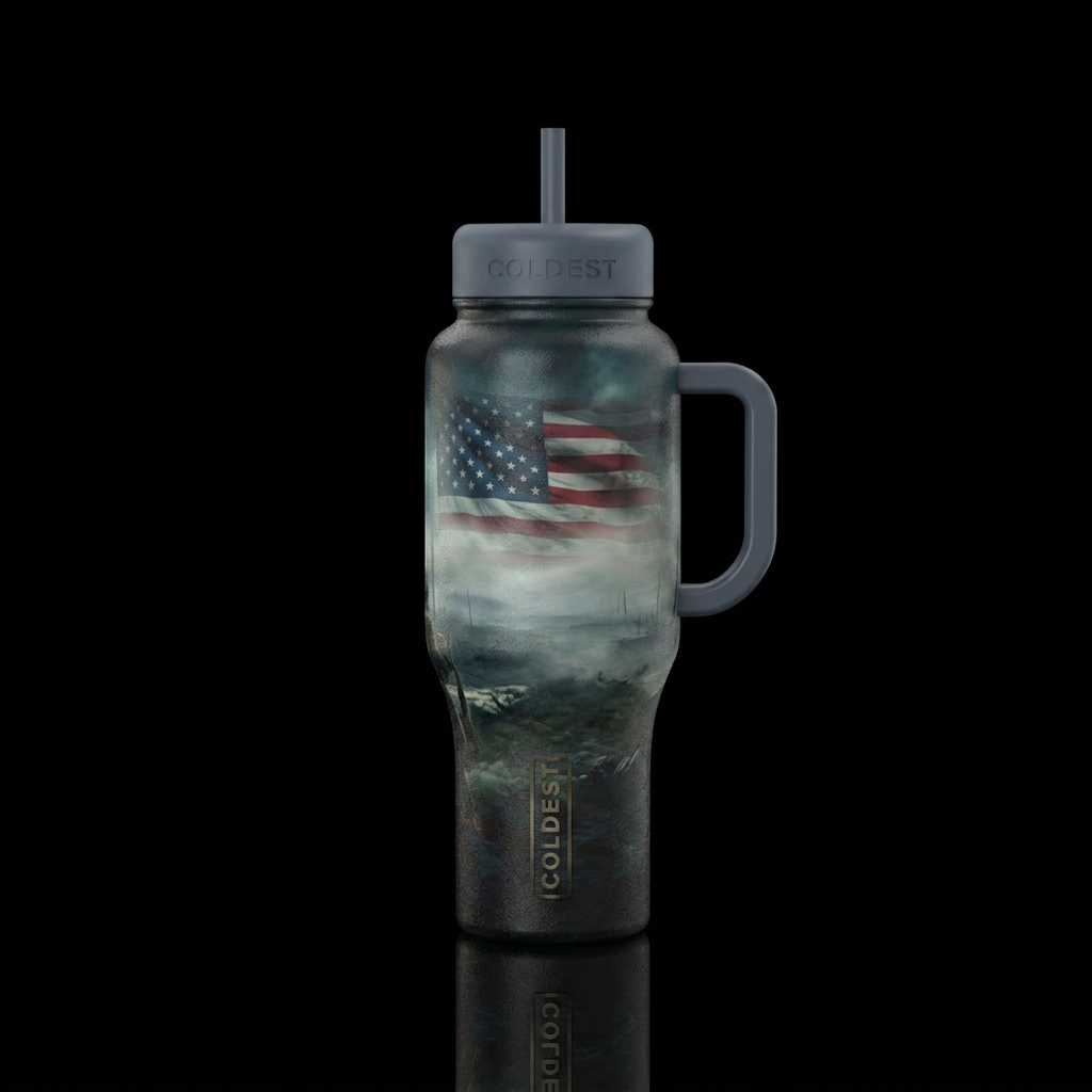 Battle field, foggy, patriotic, American flag, on ... water bottle design