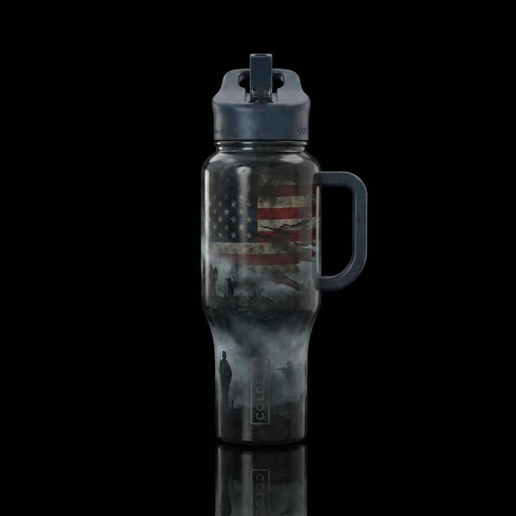 Battle field, foggy, patriotic, American flag, on ... water bottle design