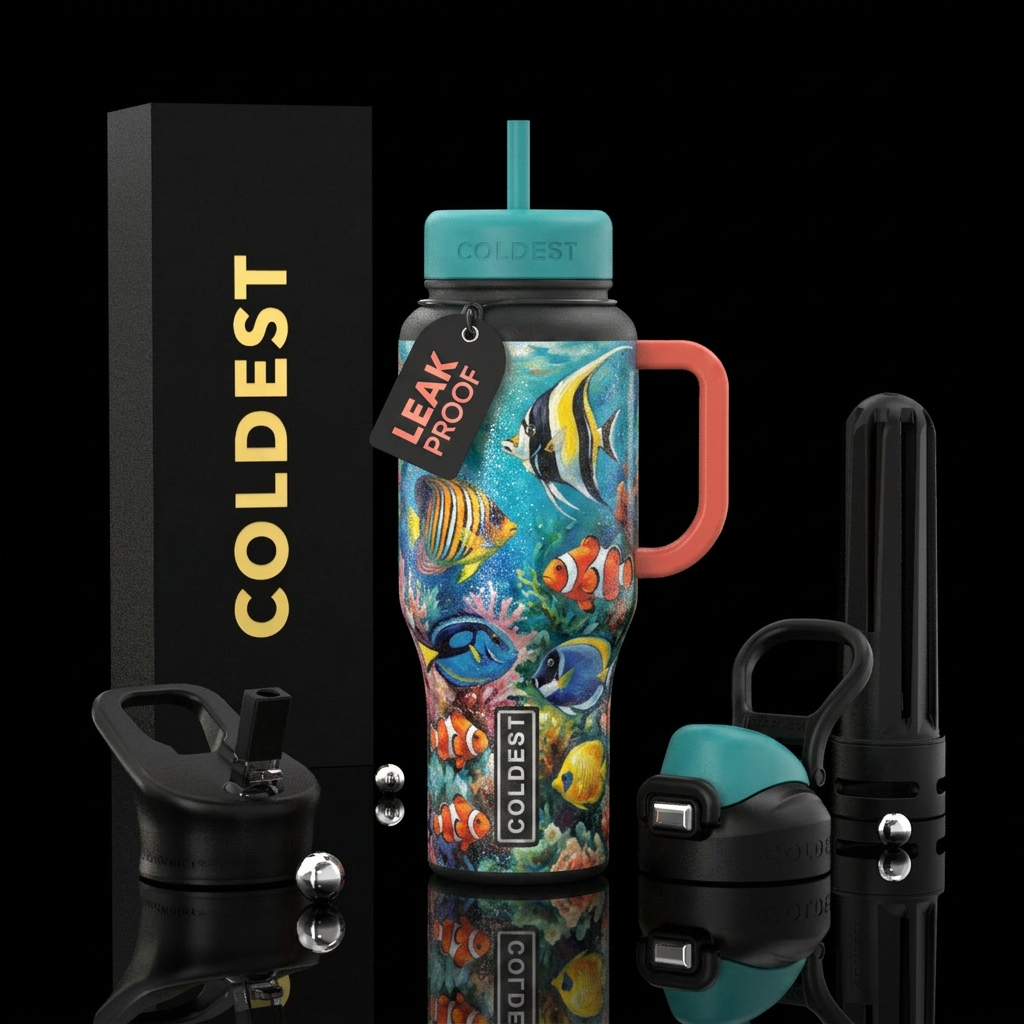 tropical fish, sparkly, beautiul, oil painted water bottle design