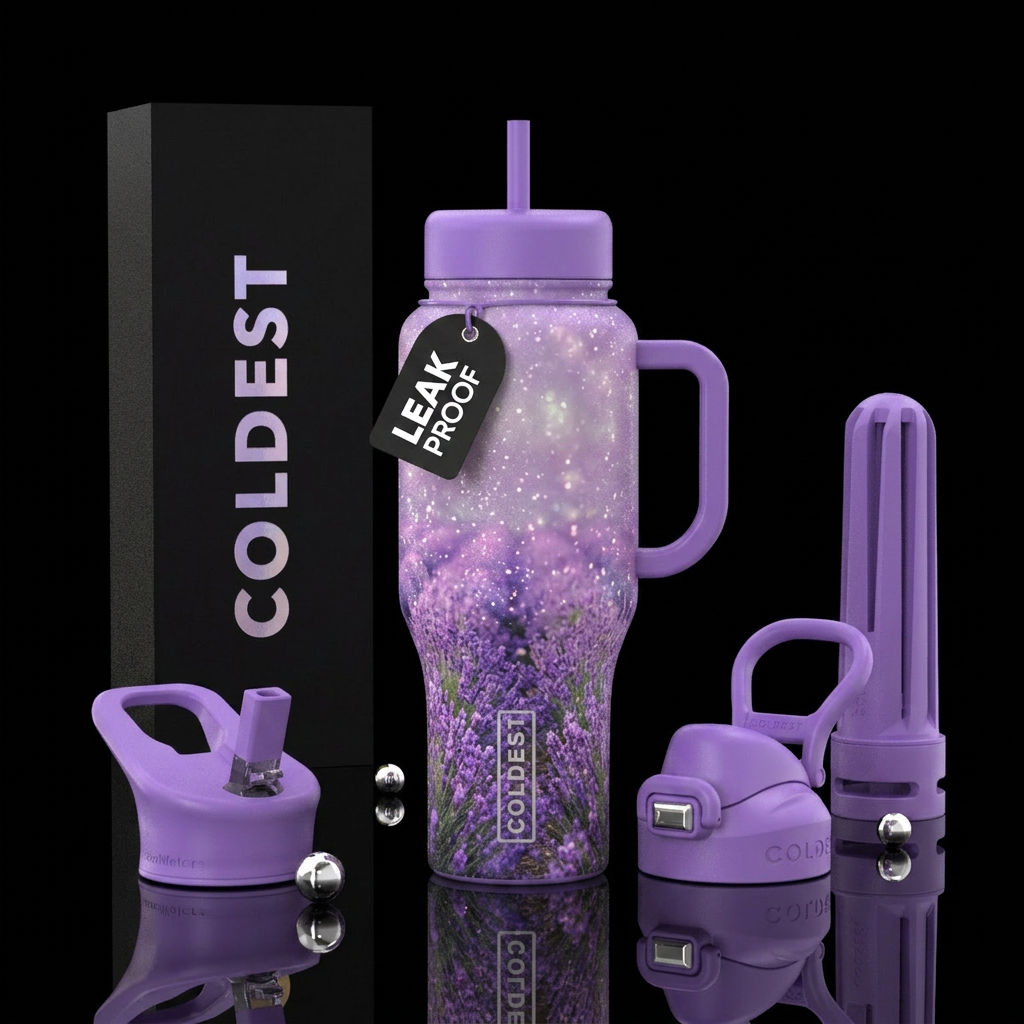 lavender field, sparkly, whimsical, beautiul water bottle design
