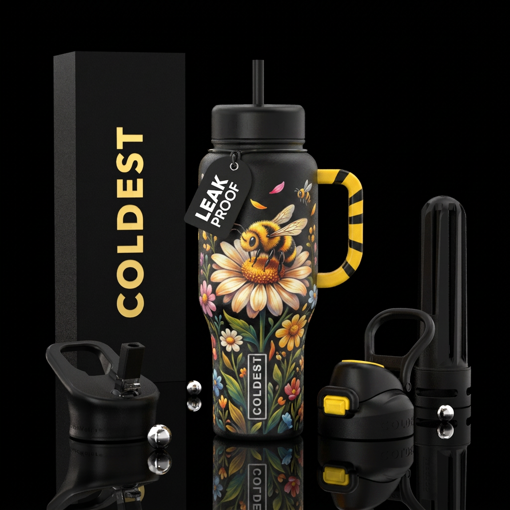 Fuzzy cute bee sitting on a flower, beautiul water bottle design