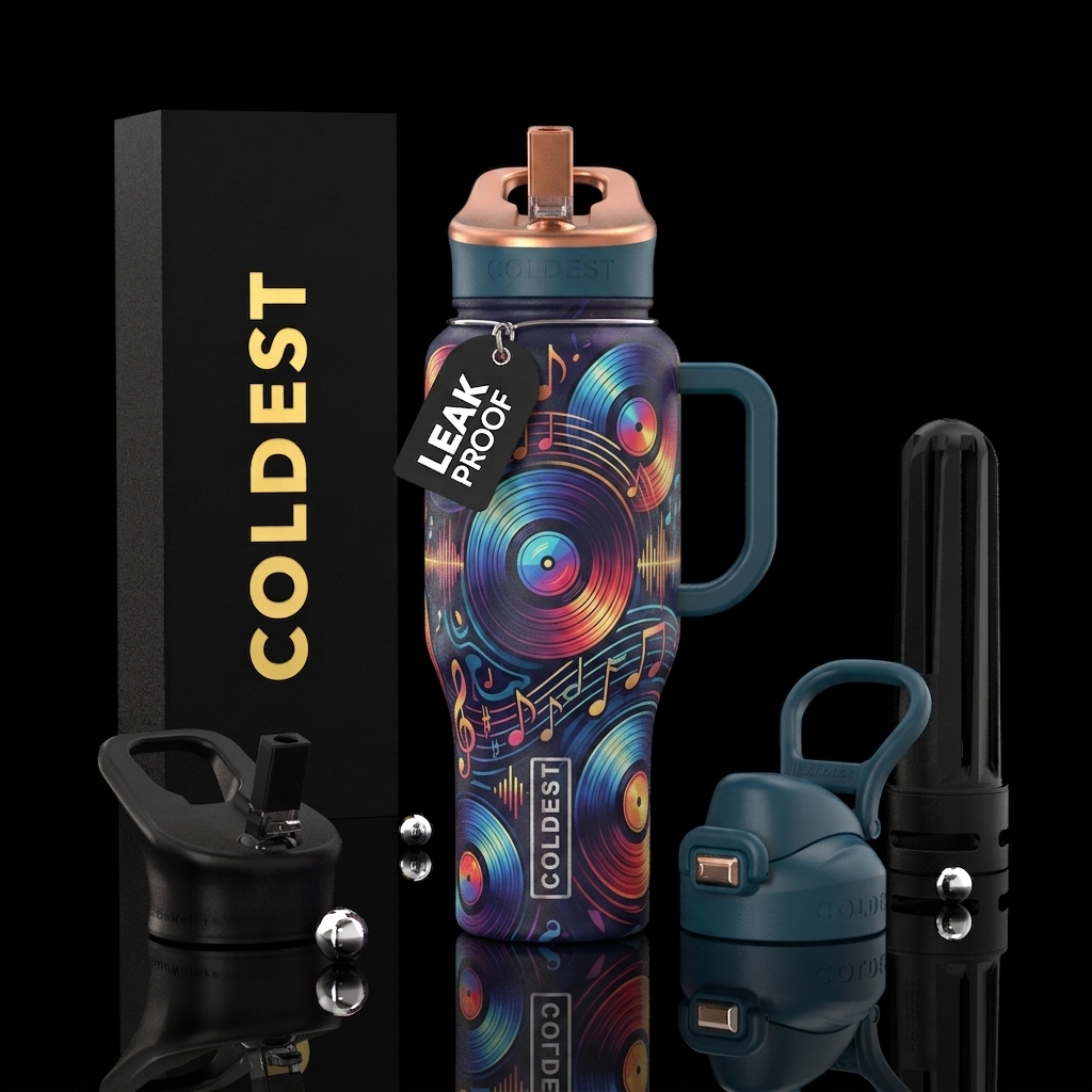 Music,  vinyl records, artistic water bottle design