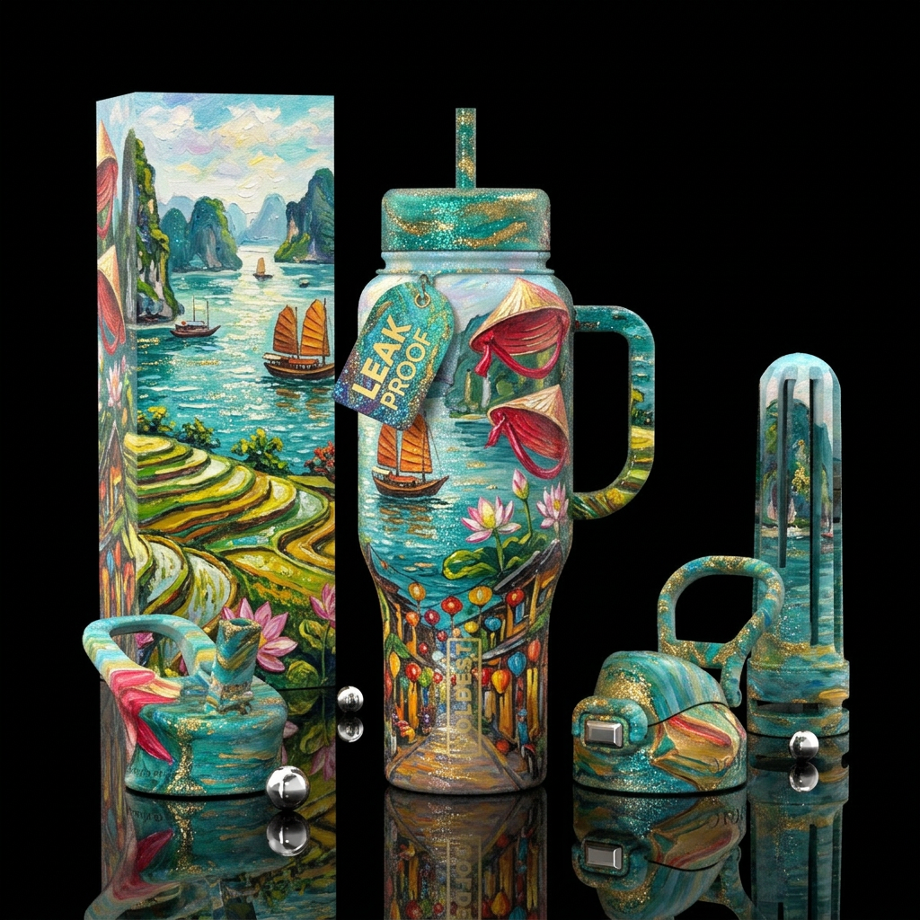vietnamese, sparkly, beautiul, oil painted water bottle design