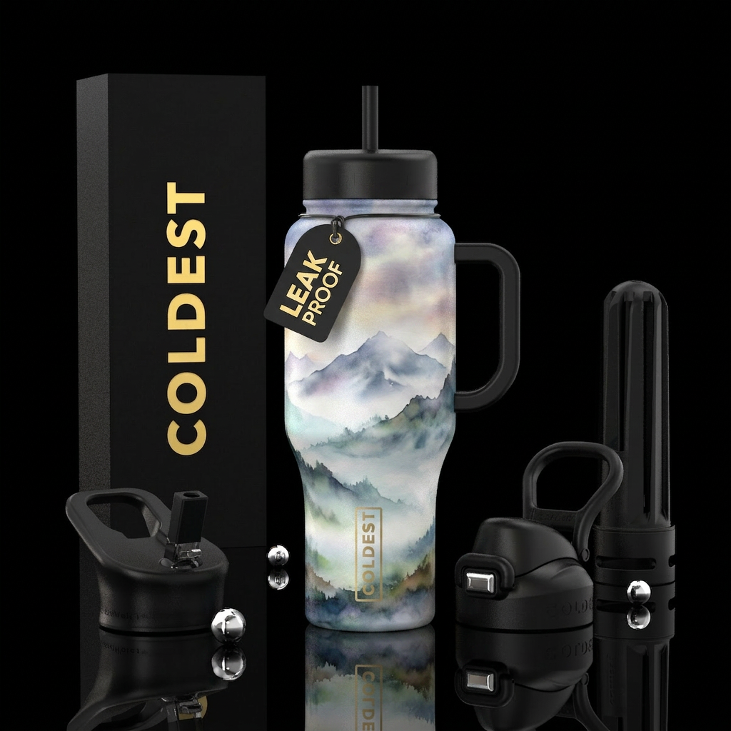 watercolor, fantasy, foggy morning water bottle design