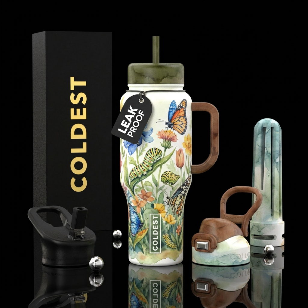 caterpillar, watercolor, butterflies, garden, beau... water bottle design