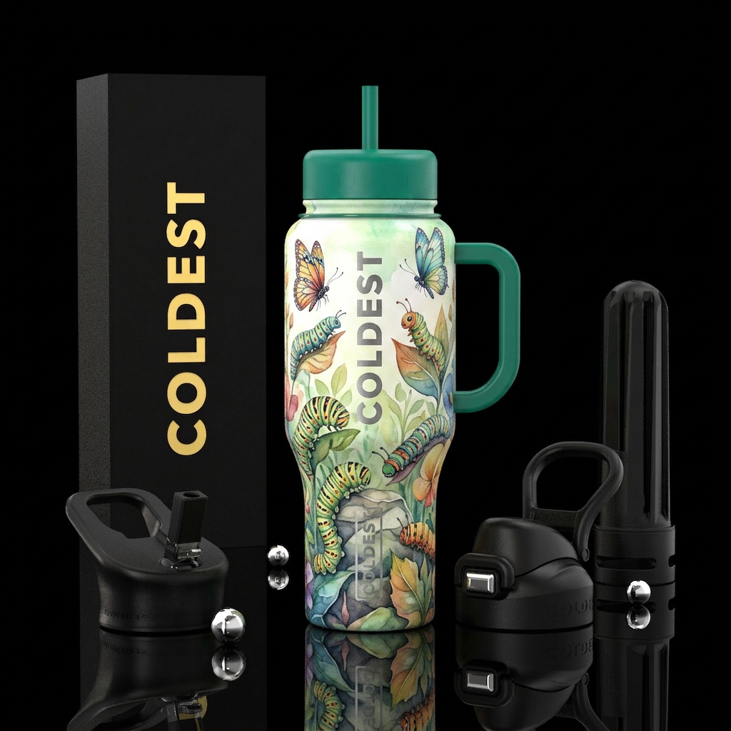 caterpillar, watercolor, butterflies, garden, beau... water bottle design