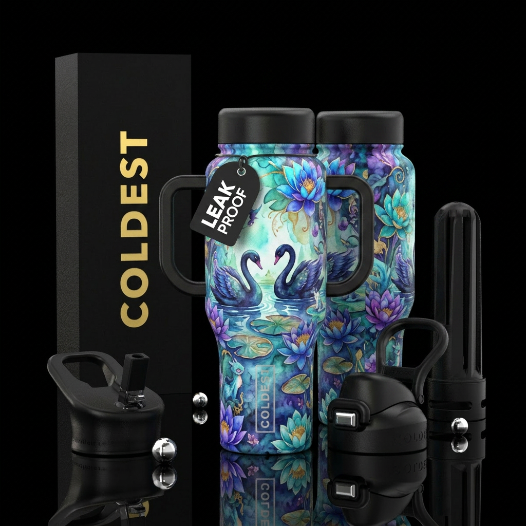 fantasy, pond , black swans ,beautiul, watercolor,... water bottle design