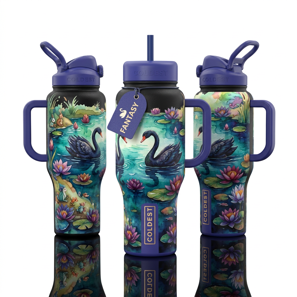 fantasy, pond , black swans ,beautiul, watercolor,... water bottle design