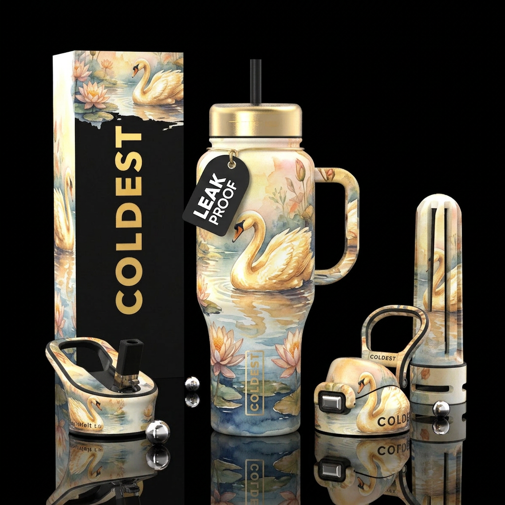 Swans,, beautiul, golden hour, watercolor water bottle design