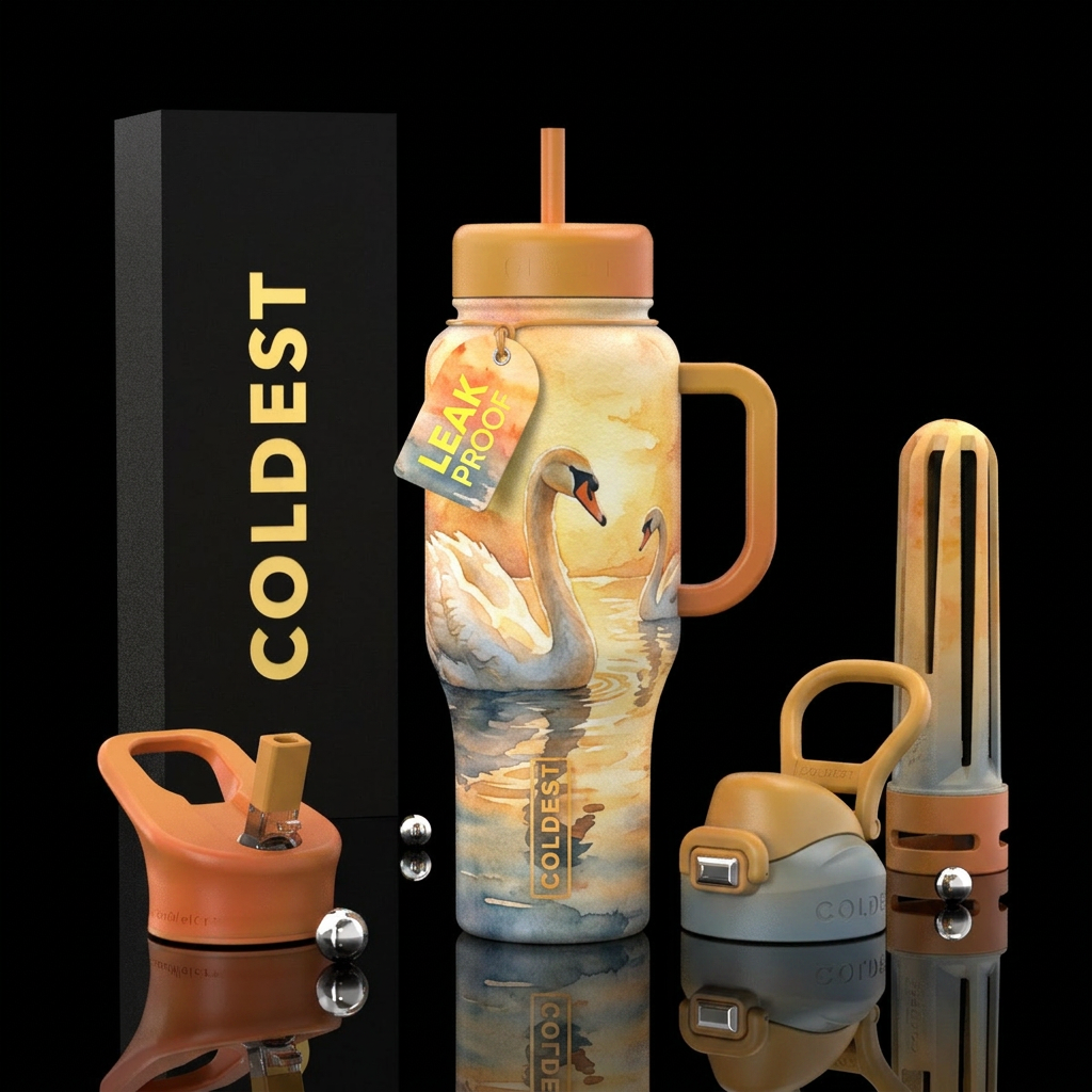 Swans,, beautiul, golden hour, watercolor water bottle design