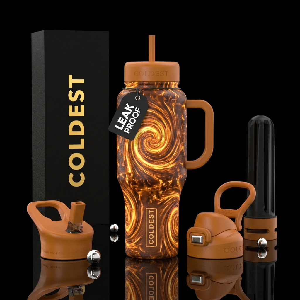 firery, spirals, glowie, amber water bottle design