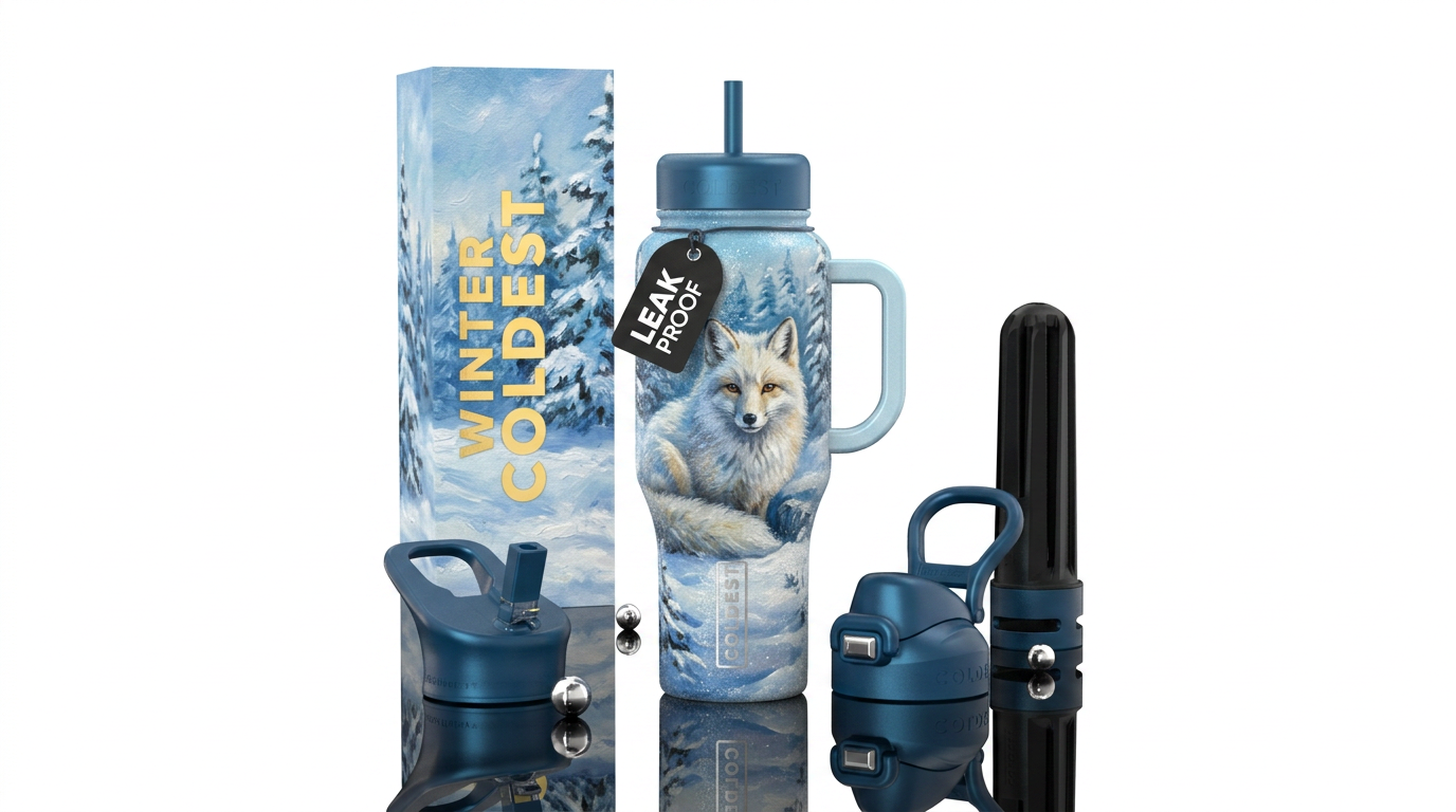 winter wonderland, arctic fox, snowy,  sparkly, oi... water bottle design