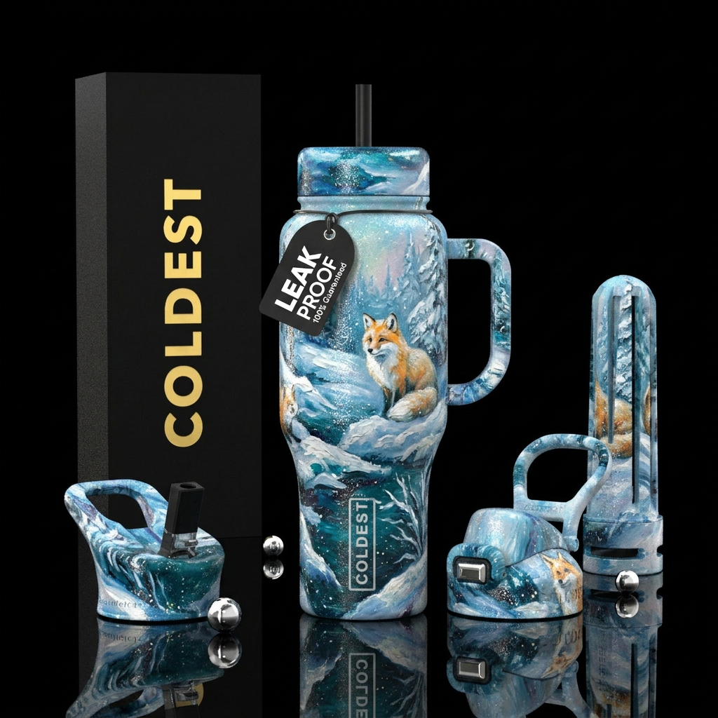 winter wonderland, arctic fox, snowy,  sparkly, oi... water bottle design