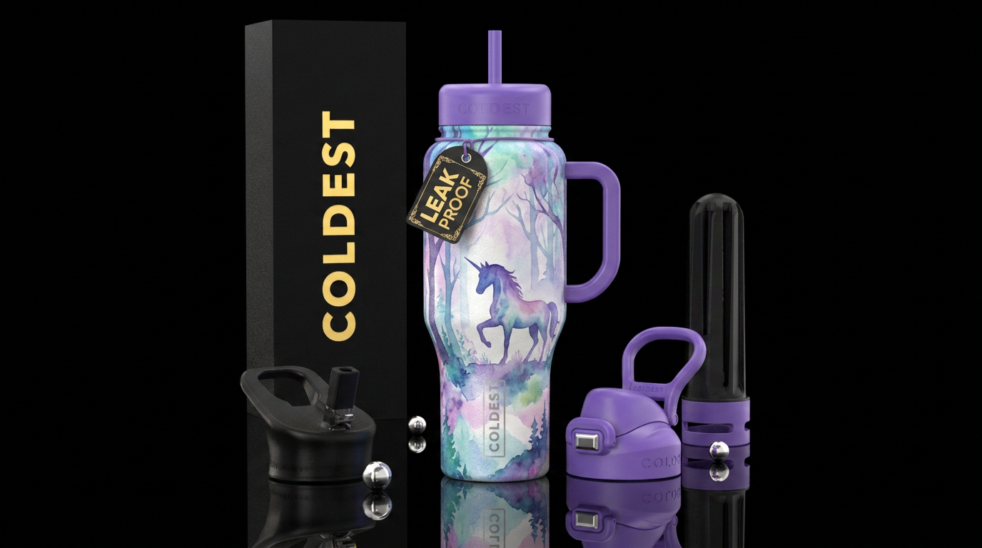 fantasy,  unicorn,, watercolor  forest,  beautiul water bottle design