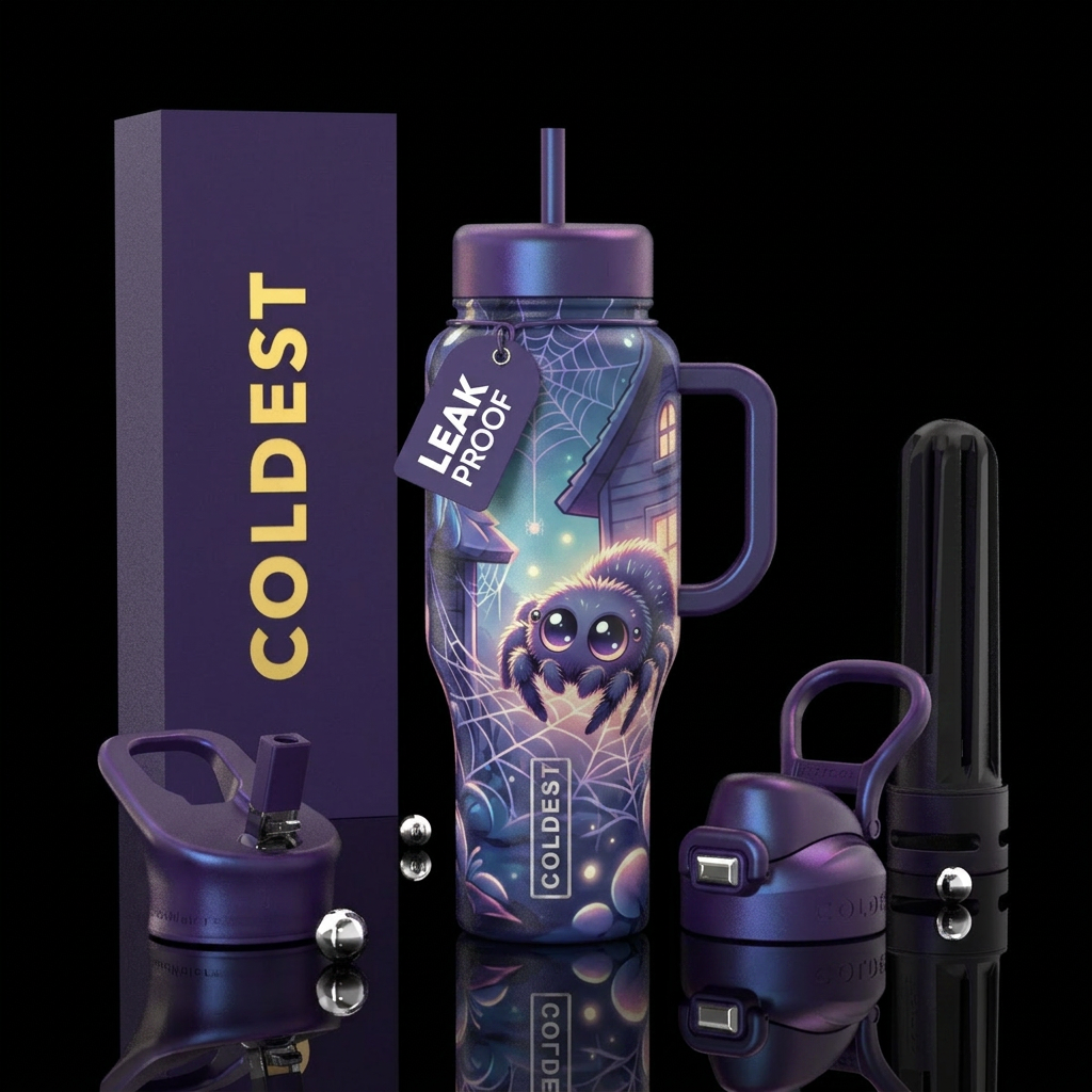 Corner of house,  spider web, cute fuzzy spider,  ... water bottle design