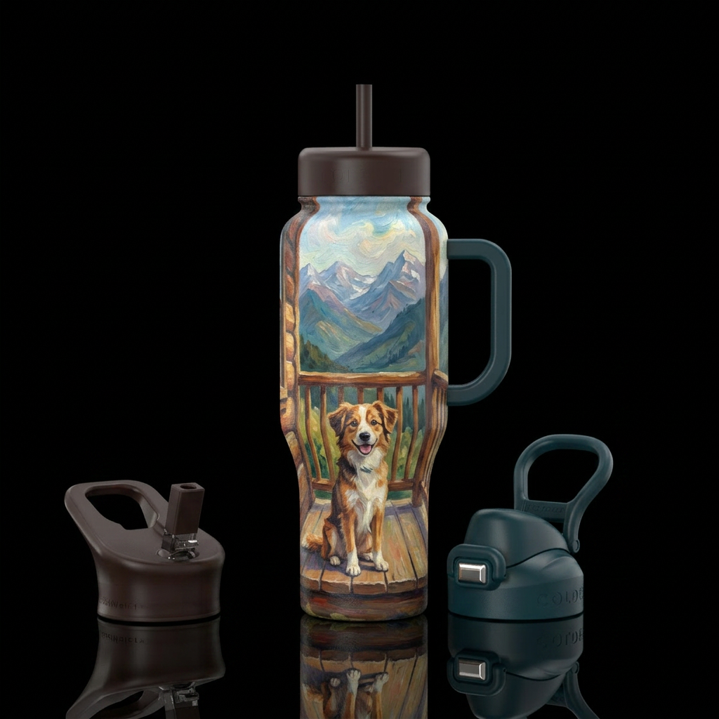 Dog sitting on porch, mountains in the background,... water bottle design