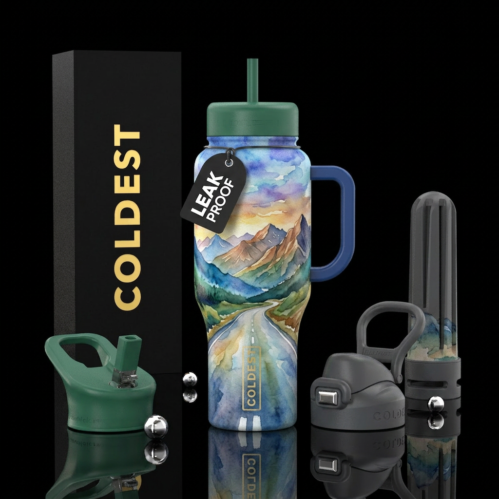 Empty road, mountains in the background, watercolo... water bottle design